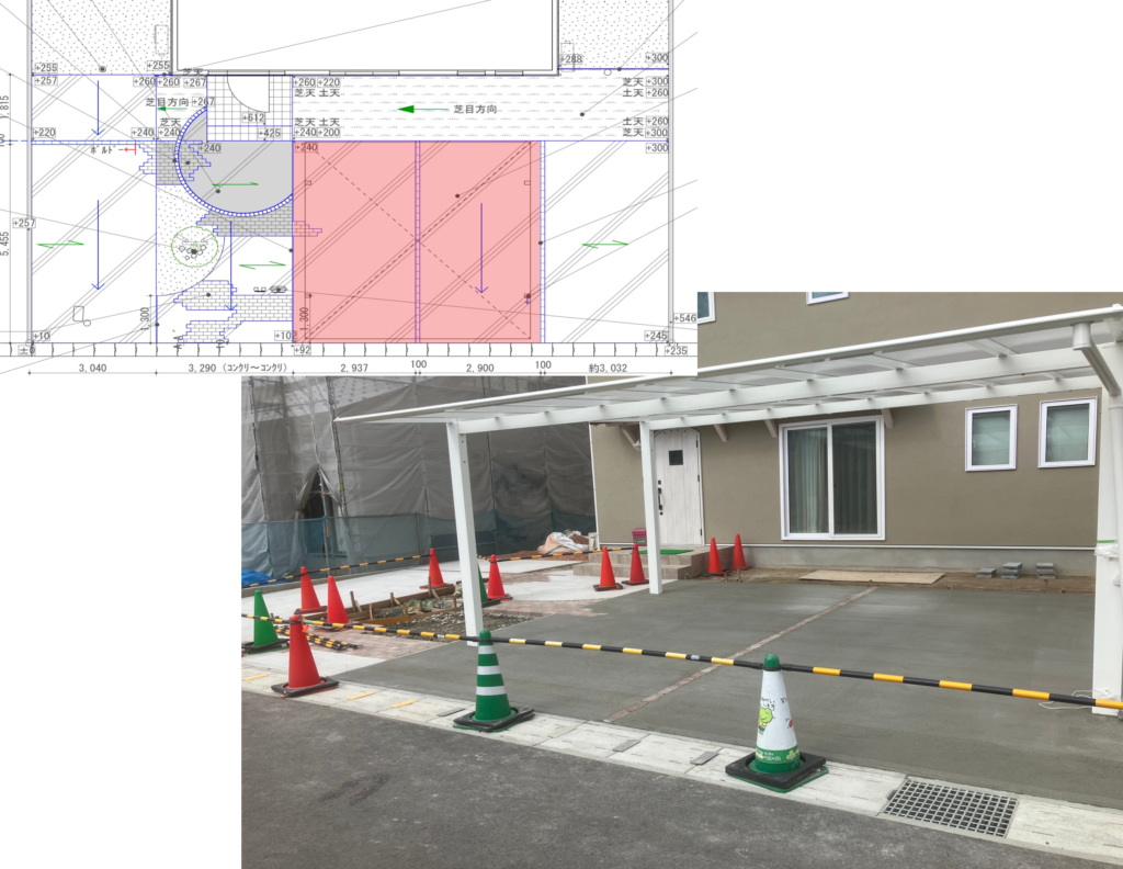 益田市 外構工事 カーポート設置工事中の施工図と現場写真